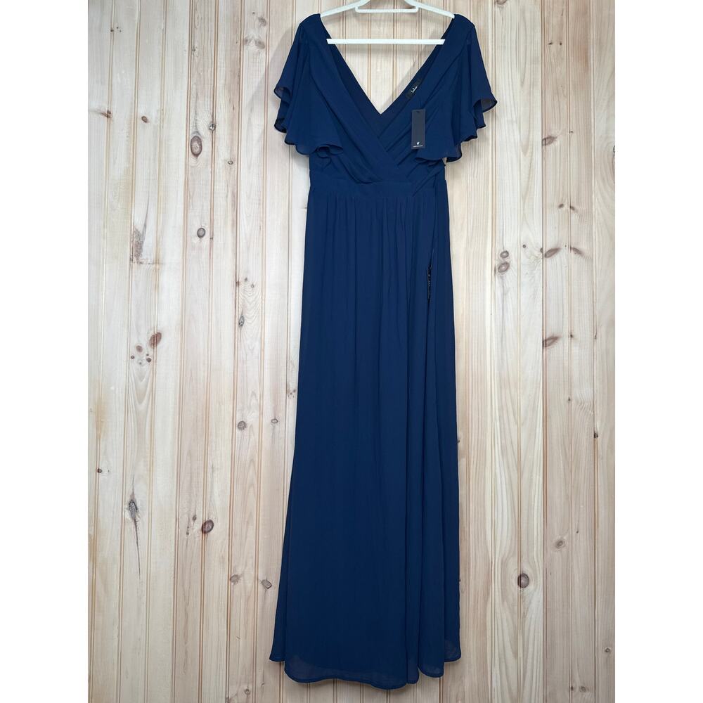 NWT Lulus Convincing Grace Navy Blue Flutter Sleeve Wrap Maxi Dress Wedding L - Picture 2 of 7